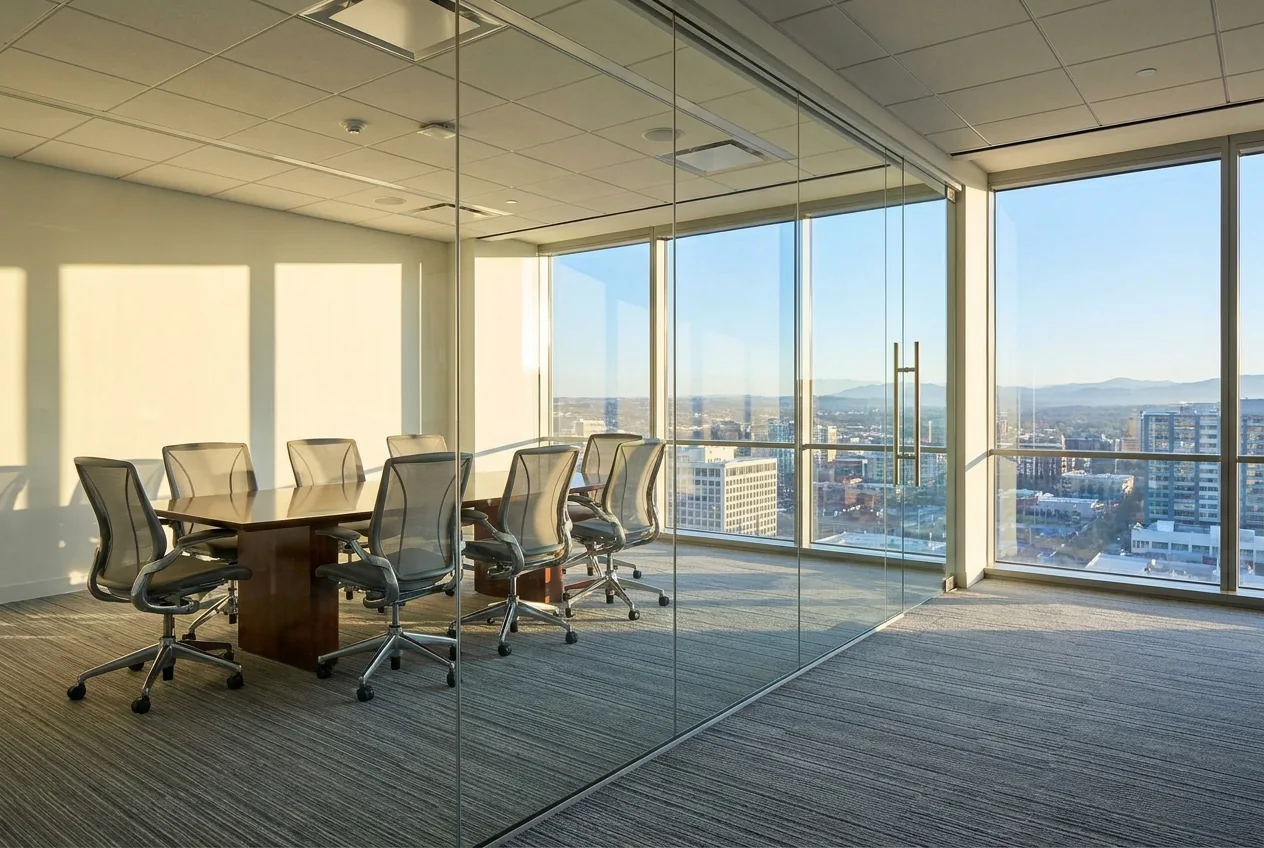 A spotless glass-walled office at 8 a.m.