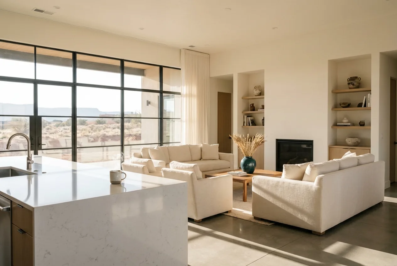A sun-filled, freshly cleaned living room at dawn.